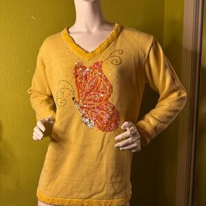 The Quacker Factory Yellow Sequined Butterfly V-neck Sweater